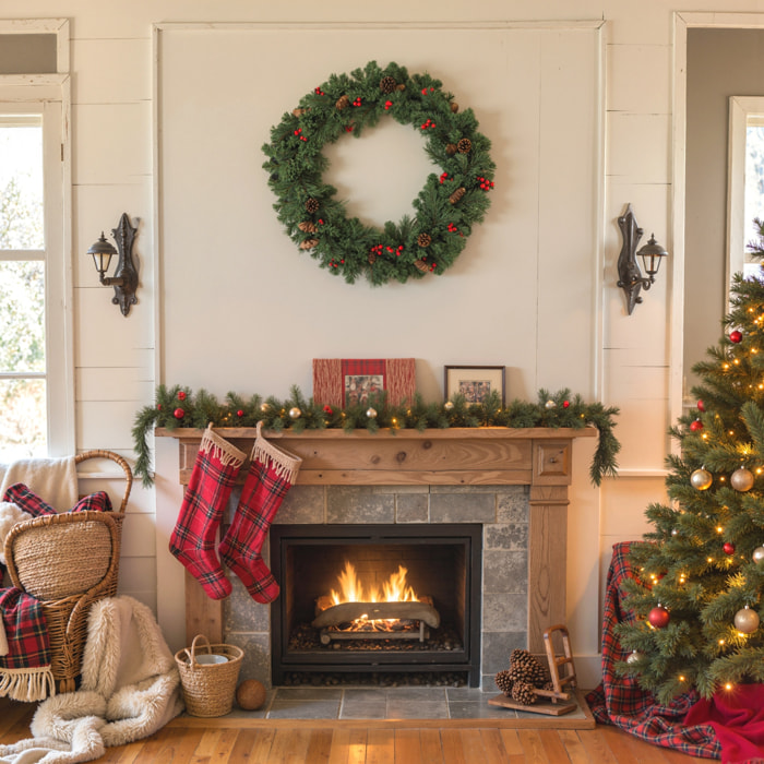 Guirlande de Noël artificielle 180 cm 162 branches denses 2 variétés - pommes de pin, baies rouges - vert