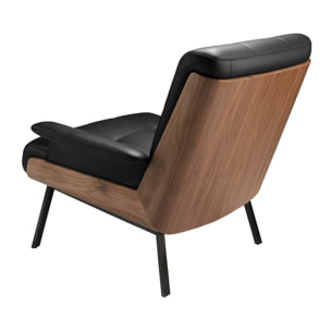 Sillón Angel Cerdá con reposabrazos con asiento y respaldo tapizados en polipiel negro detalle en madera chapada en nogal natural patas de acero inoxidable en negro 90x87x82cm