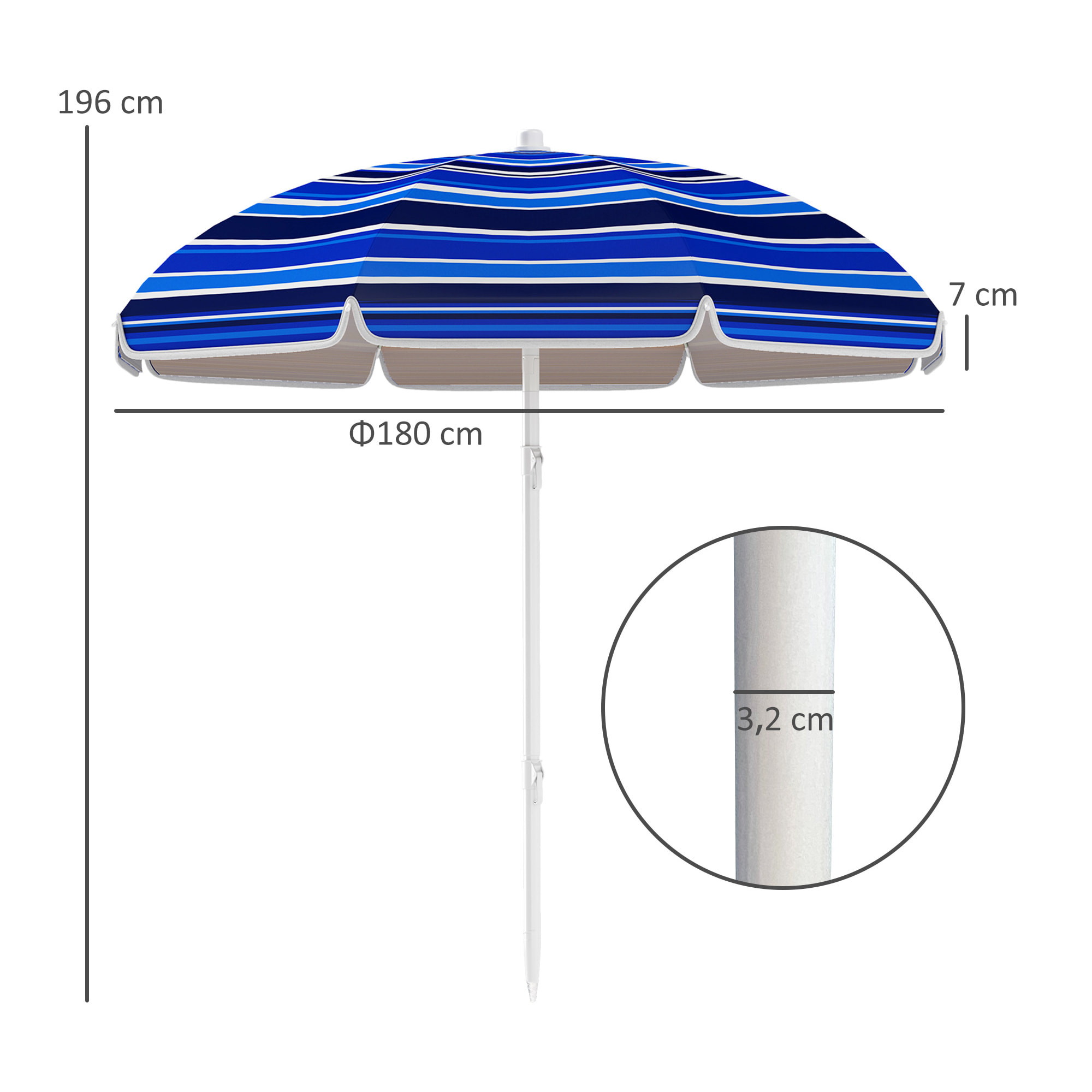 Sombrilla de Playa Grande Ø180 cm Sombrilla de Terraza Exterior Plegable con Ángulo Ajustable Protección UV50+ Impermeable Mástil de Ø32 mm Multicolor