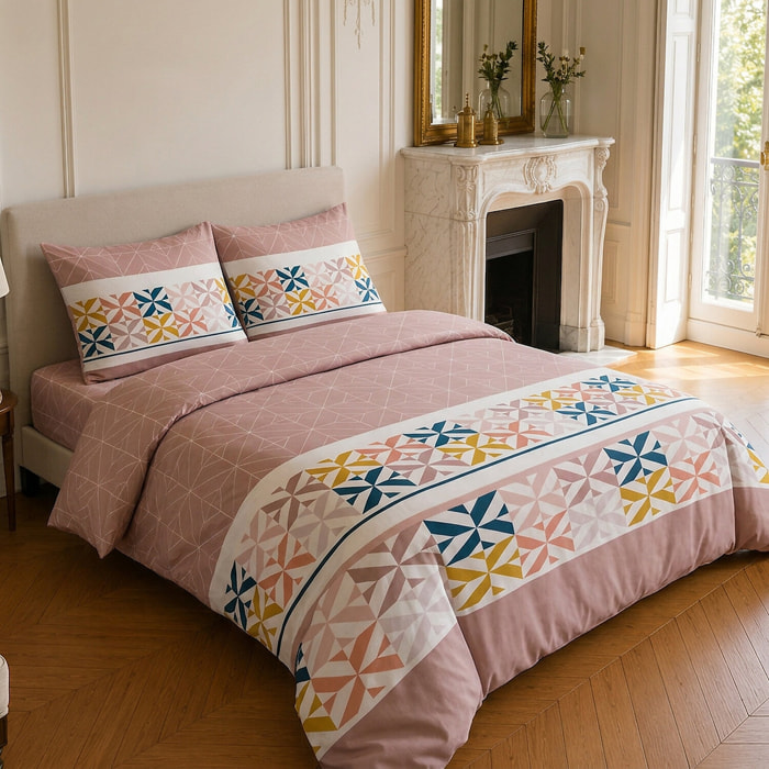 Parure housse de couette 100% coton motif géométrique - BLUEBERRY