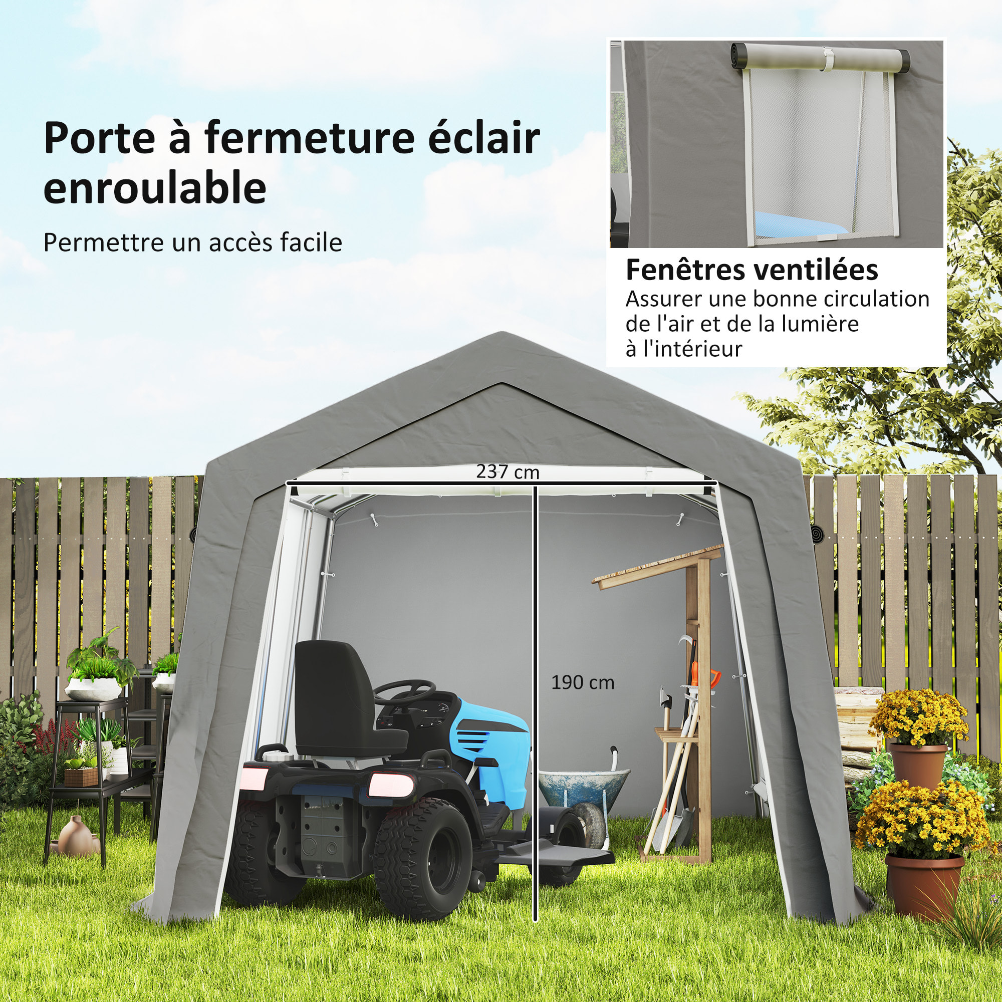 Tente de stockage - abri de jardin - tente de rangement dim. 3 x 4,5 x 2,5 m - métal galvanisé PE gris