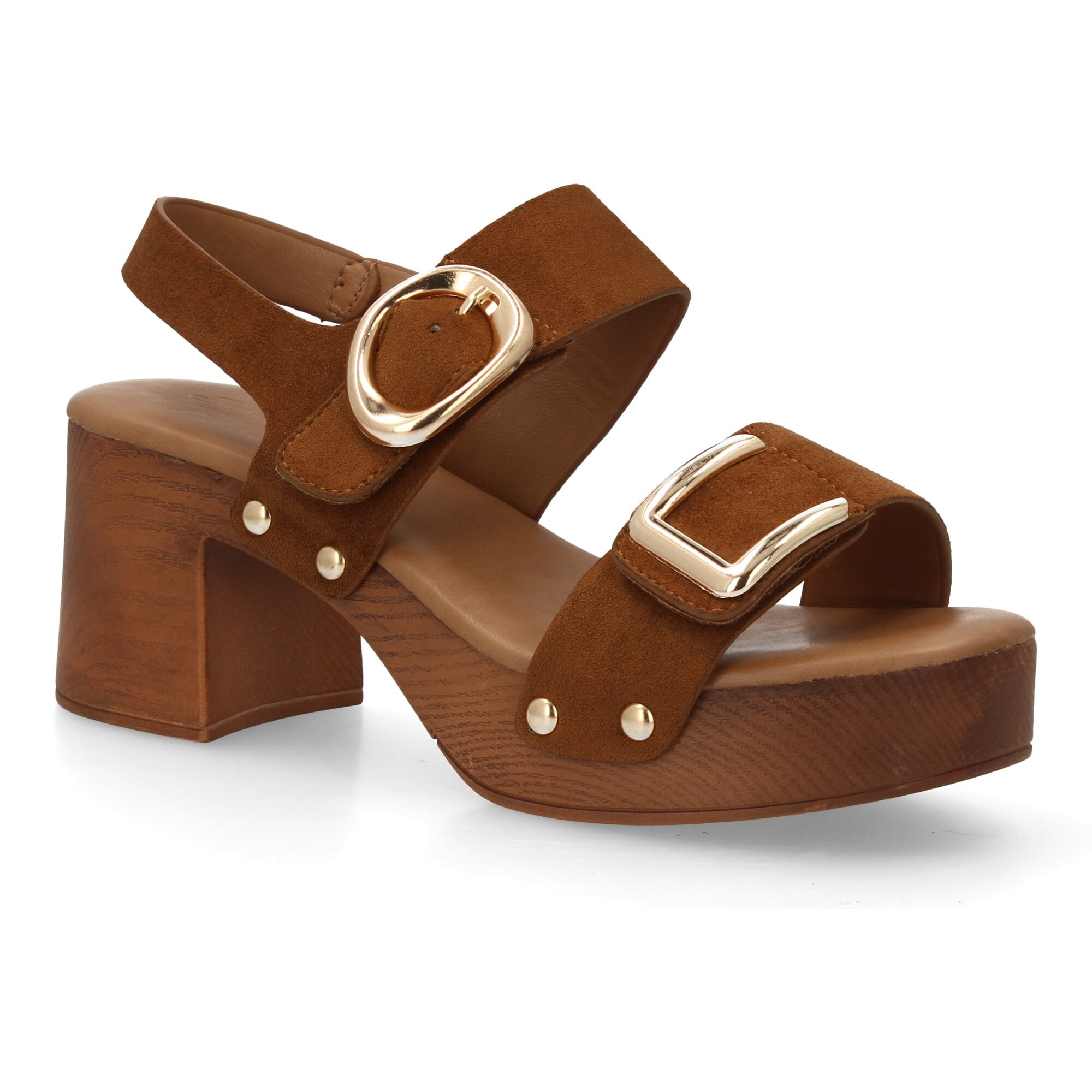 Sandalia plataforma hebillas mujer madera y tachuelas
