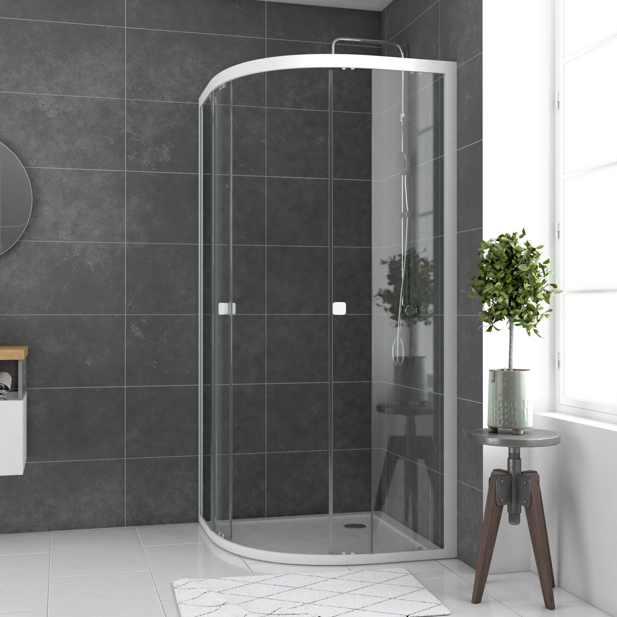 Porte de douche 1/4 cercle blanc 90x90cm de largeur - verre transparent - WHITY ROUND