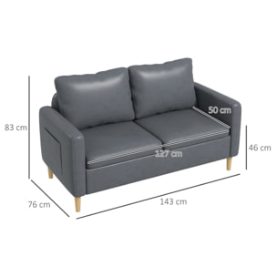 Sofá de 2 Plazas Sillón Moderno Tapizado en Poliéster con 2 Bolsillos Laterales Reposabrazos y Patas de Madera para Dormitorio Oficina Carga 200 kg 143x76x83 cm Gris