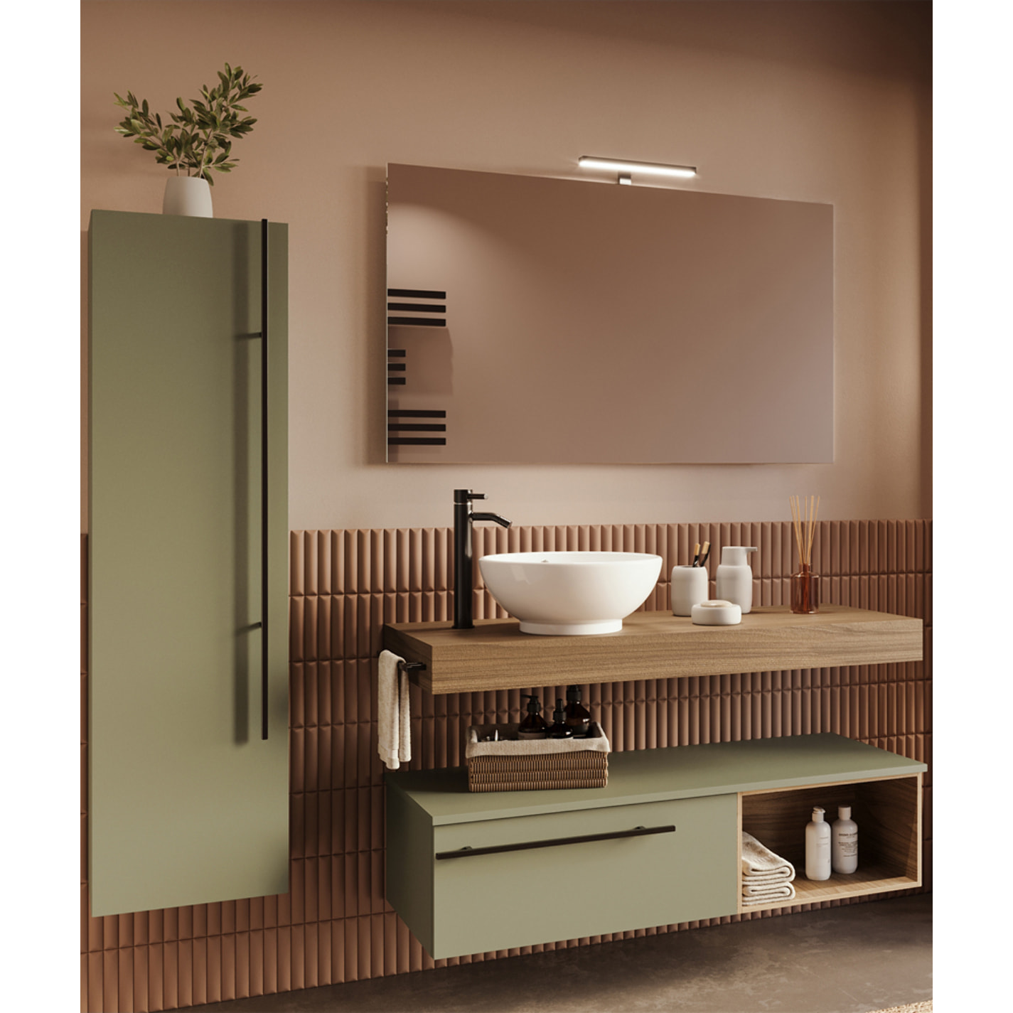 MOBILE DA BAGNO RIFLESSO 120 PORO NOCE E VERDE SALVIA - 9 PEZZI