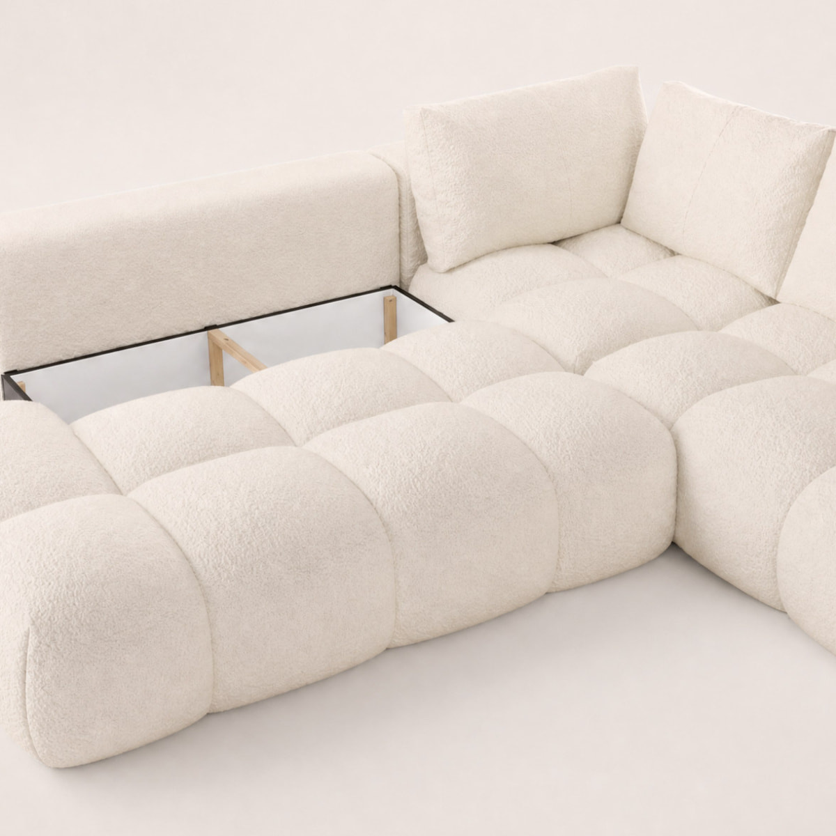Yulin - Canapé d'angle L 5 places convertible avec coffre en tissu bouclette - Beige