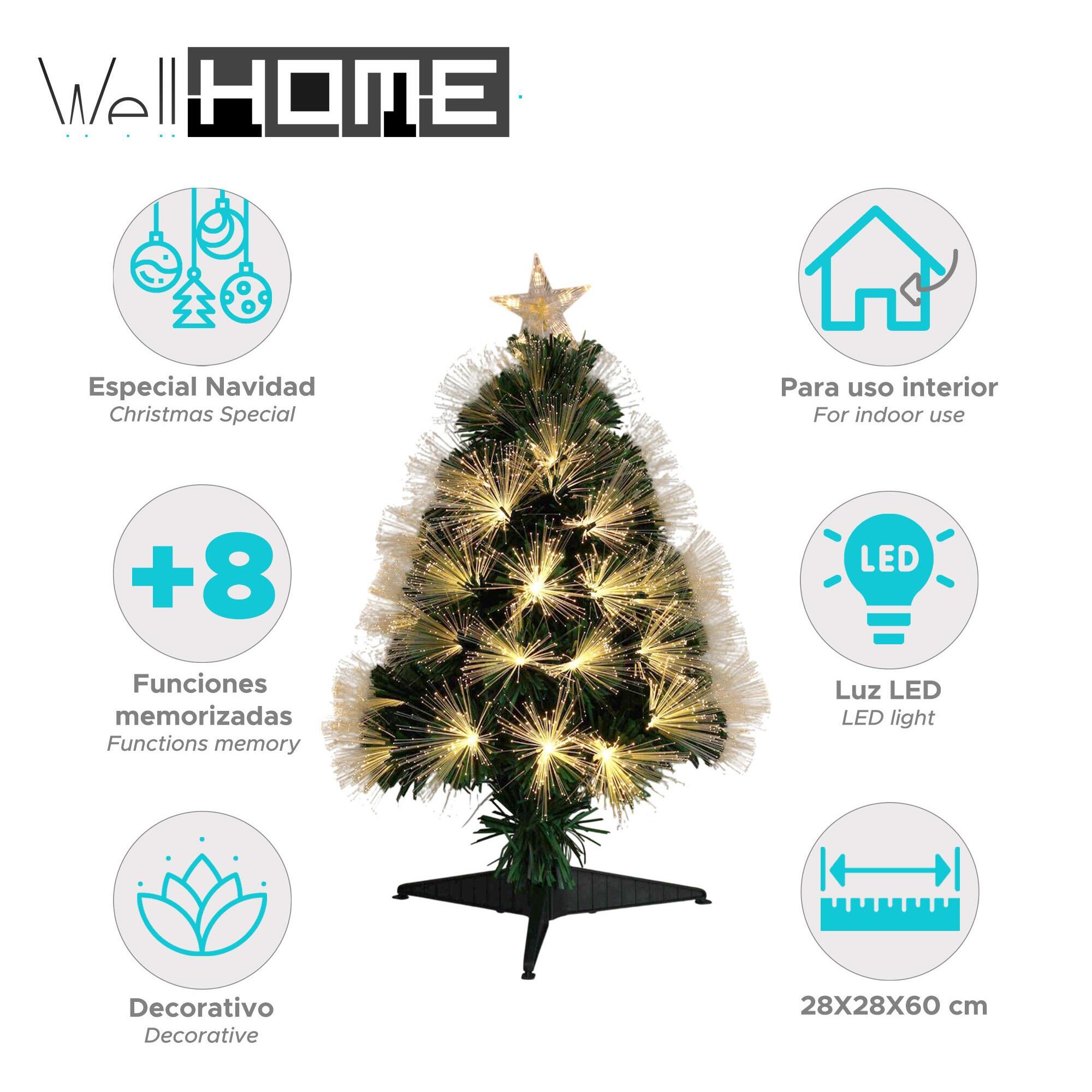 Árbol de navidad de fibra óptica con 60 luces led blancos cálidos con estrella 28x28x60cm