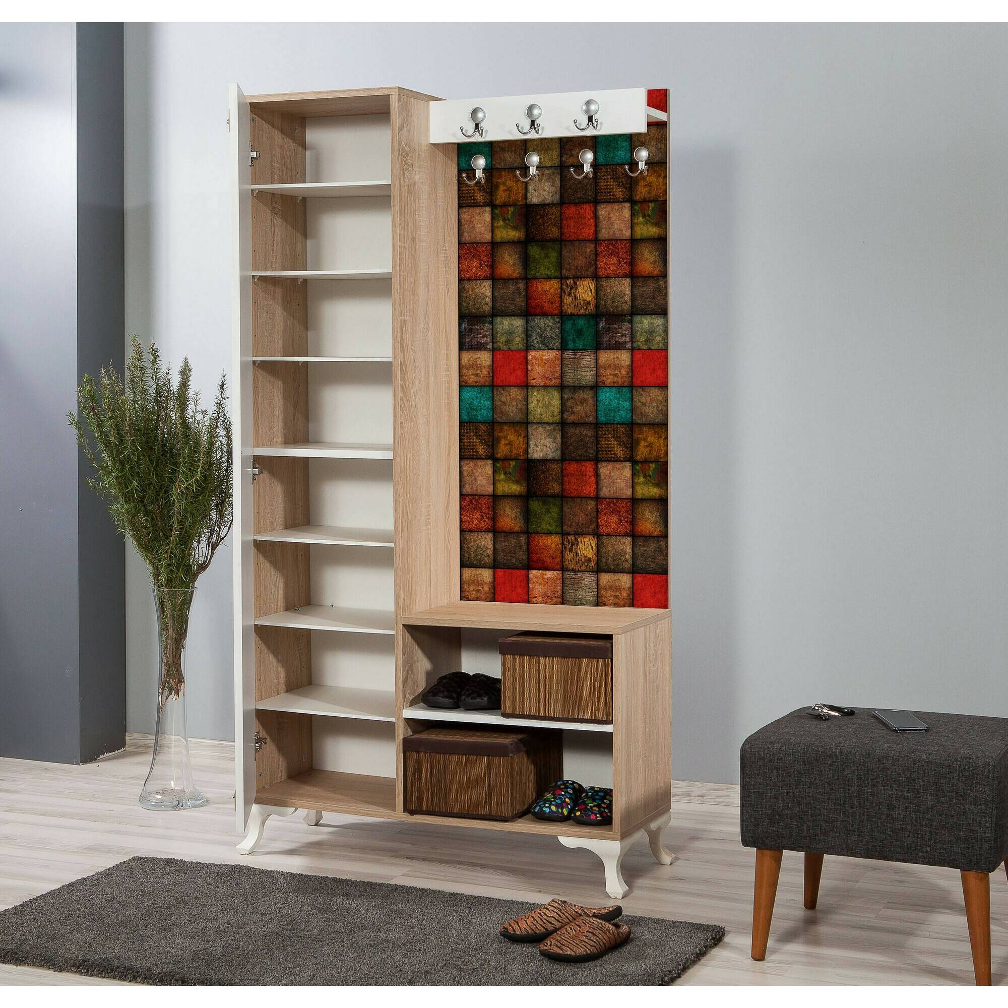 Mobile da ingresso Sugilite, Entratina appendiabiti, Composizione per atrio, Consolle portaoggetti multifunzione, 100x36h190 cm, Quercia e Multicolore