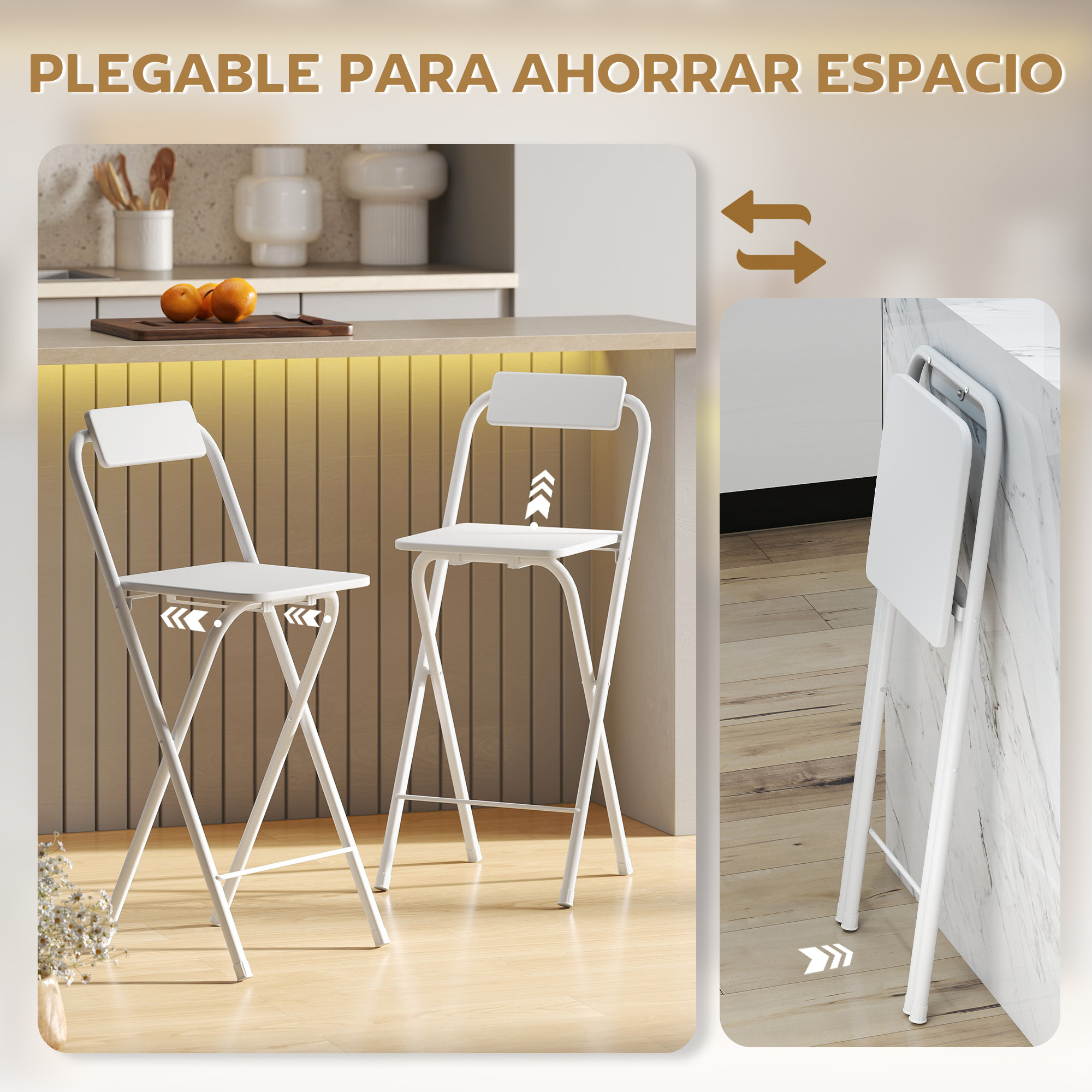 Juego de 2 Taburetes de Bar Plegables Taburetes Altos de Cocina con Respaldo Reposapiés y Marco de Acero para Comedor Mostrador Blanco