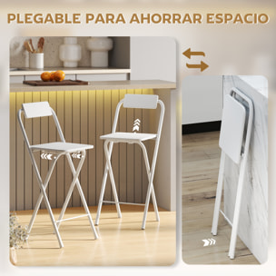 Juego de 2 Taburetes de Bar Plegables Taburetes Altos de Cocina con Respaldo Reposapiés y Marco de Acero para Comedor Mostrador Blanco