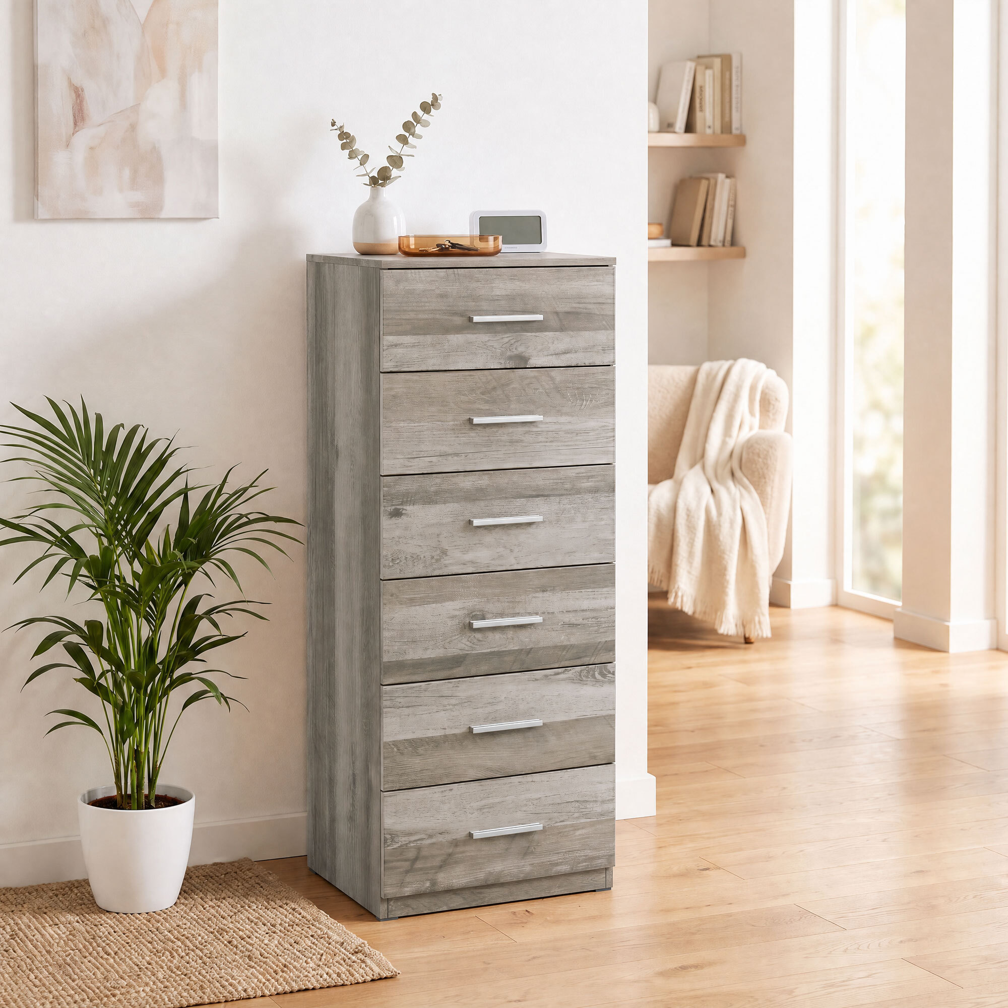 Cómoda de 6 Cajones, Cajonera para Dormitorio Alta y Estrecha, Sinfonier para Salón, Vestidor, Entrada, 40x40x110 cm, Gris Claro