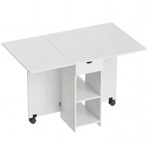 Table à manger pliable extensible 4 personnes - 2 abattants, 2 étagères, tiroir, roulettes - aspect bois blanc