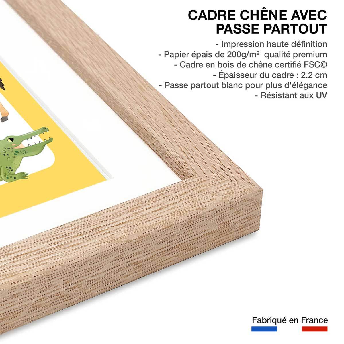 Affiche enfant animaux d'afrique  Affiche sous cadre bois