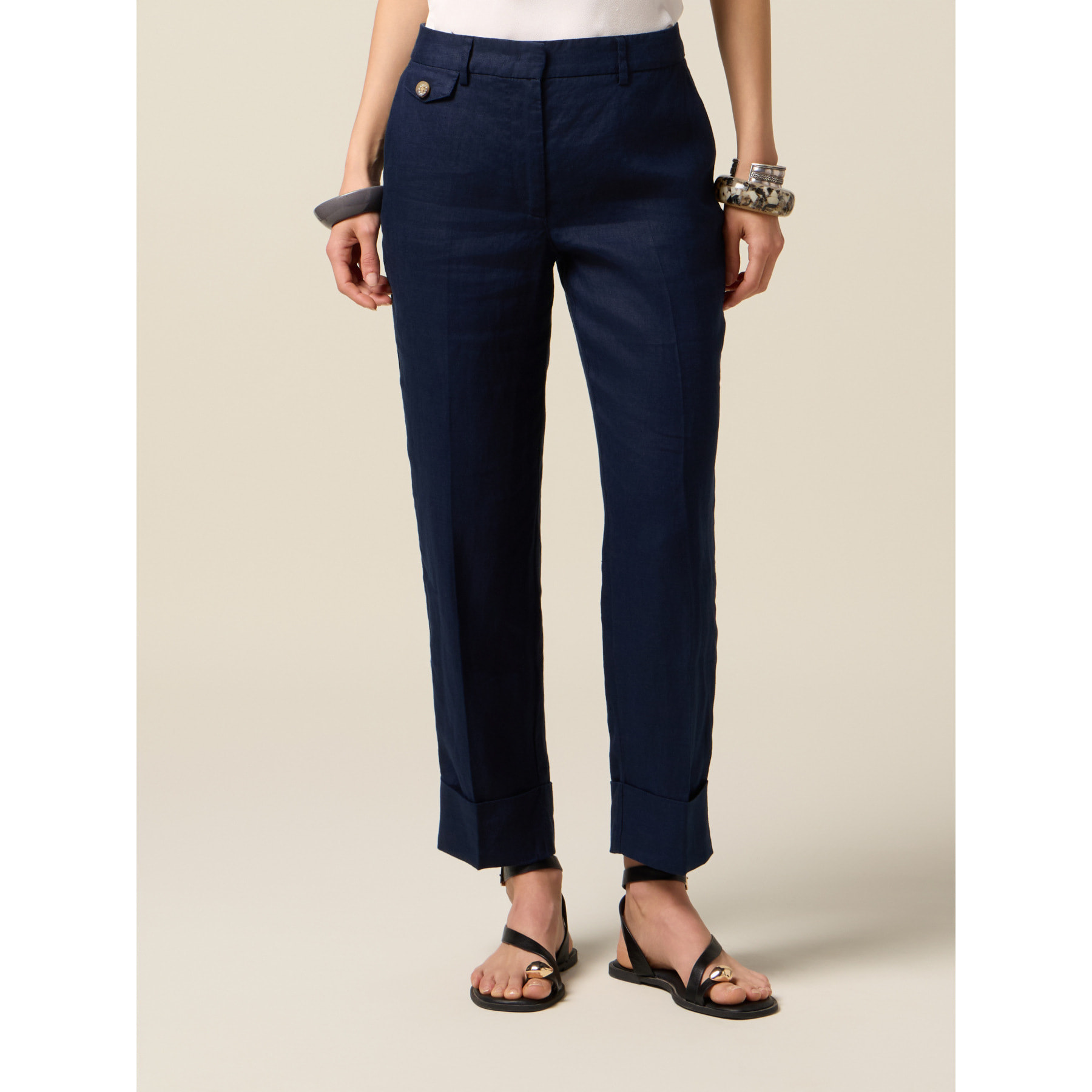 Oltre - Pantalones chinos de lino con dobladillo - Azul