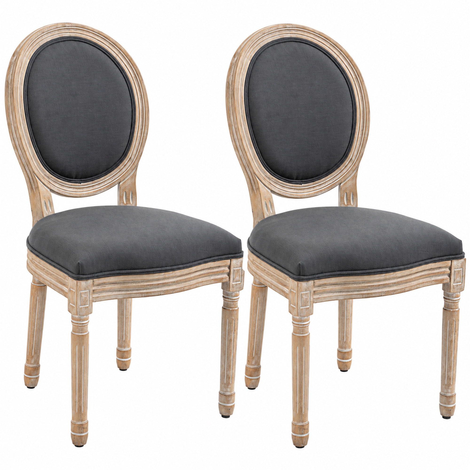 Lot de 2 chaises de salle à manger - chaise de salon médaillon style Louis XVI - bois massif sculpté, patiné - aspect lin gris