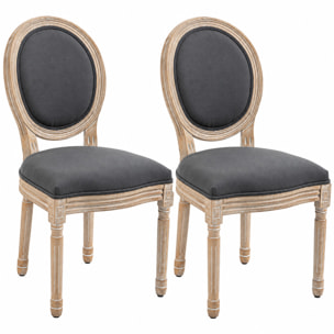Lot de 2 chaises de salle à manger - chaise de salon médaillon style Louis XVI - bois massif sculpté, patiné - aspect lin gris