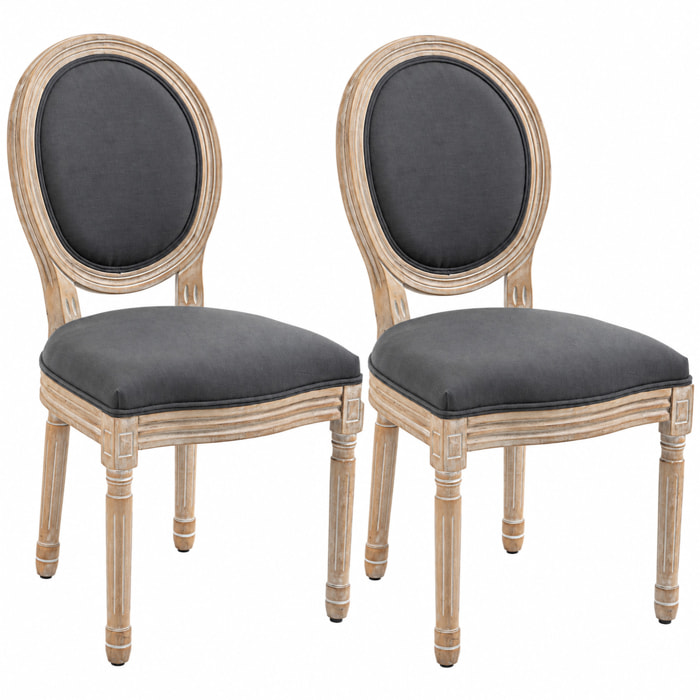 Lot de 2 chaises de salle à manger - chaise de salon médaillon style Louis XVI - bois massif sculpté, patiné - aspect lin gris