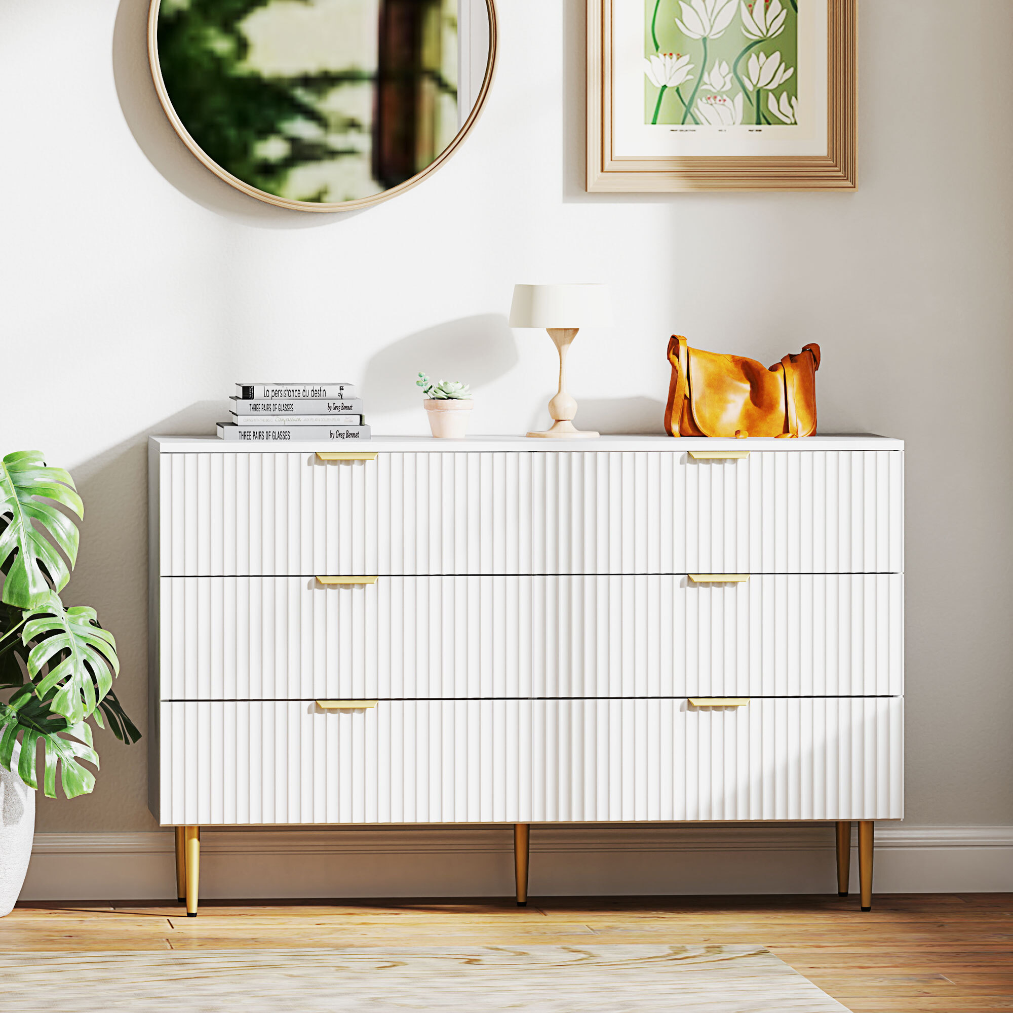 Commode 6 tiroirs design effet cannelé piètement poignées métal doré blanc