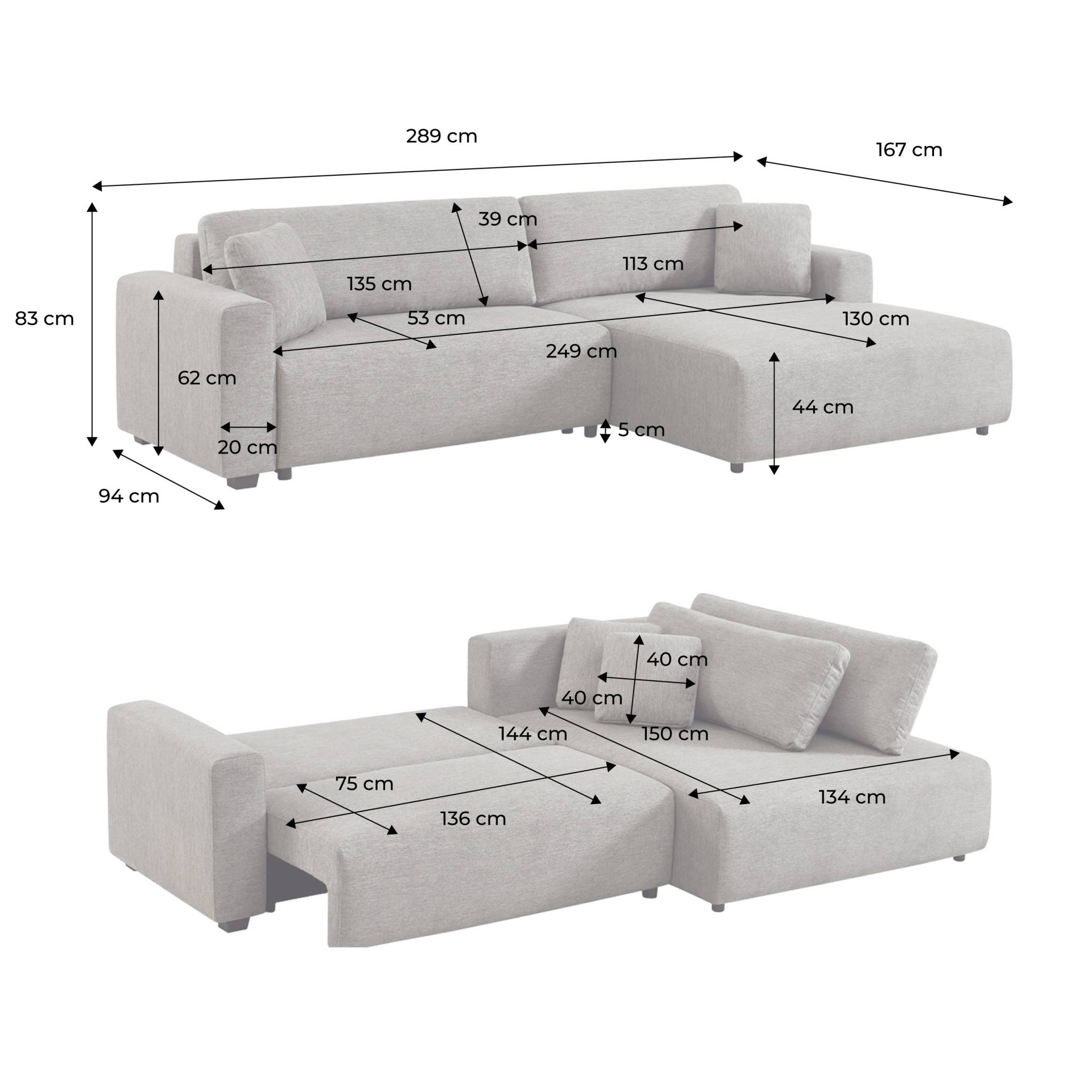 Canapé d'angle droit convertible 3 places tissu avec coffre WIDE