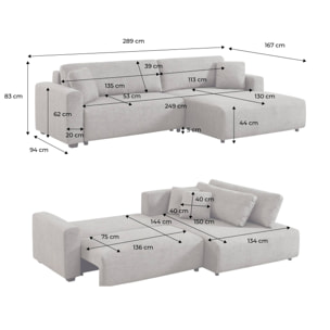 Canapé d'angle droit convertible 3 places tissu avec coffre WIDE