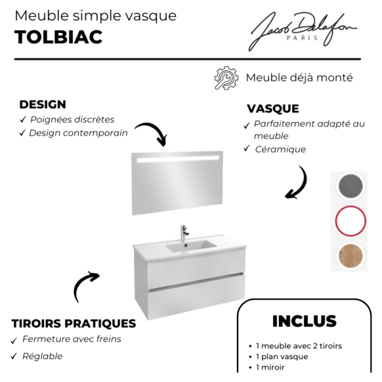 Meuble vasque Tolbiac blanc + miroir led
