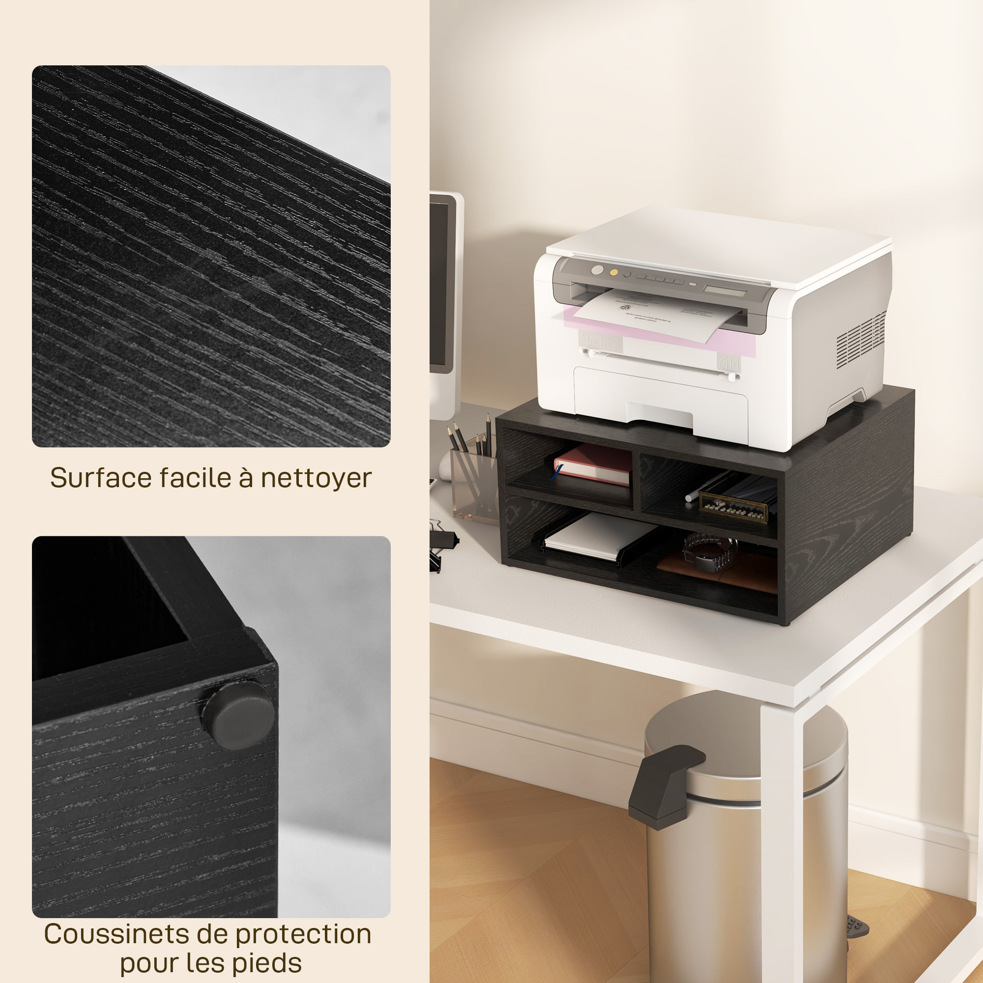 Organiseur de bureau 3 compartiments panneaux aspect bois noir