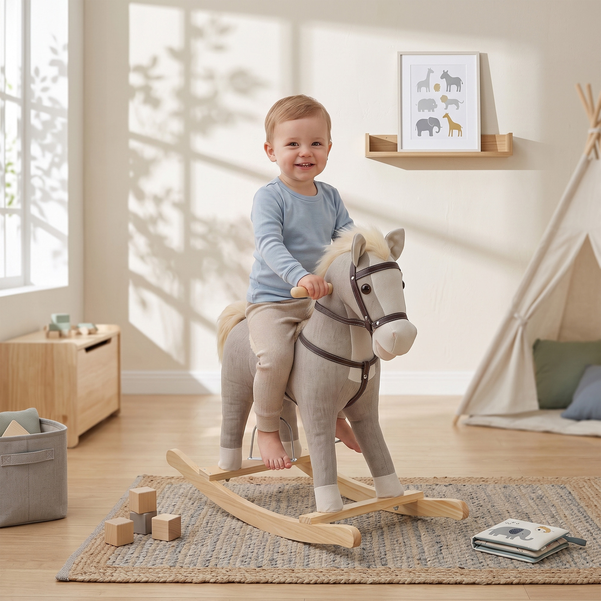 Bascule bébé - cheval à bascule effets sonores hennissement et galop selle étrier rênes gris