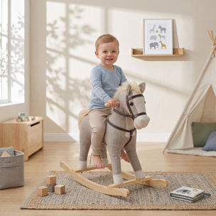 Bascule bébé - cheval à bascule effets sonores hennissement et galop selle étrier rênes gris