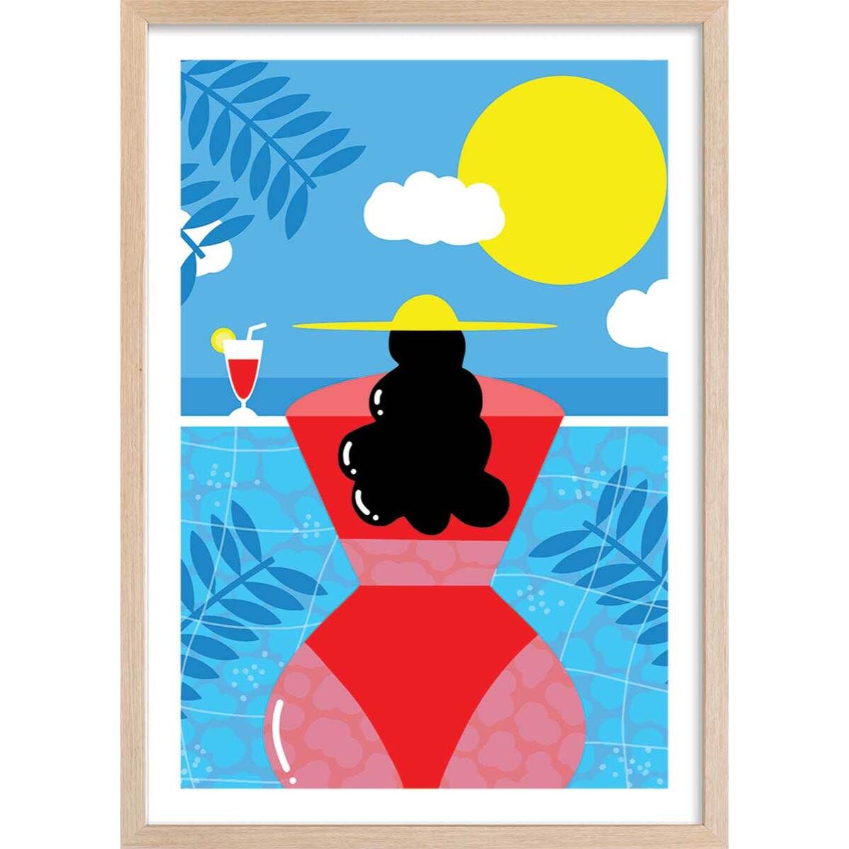 Affiche femme au bord de la piscine Affiche + cadre en bois - Chêne