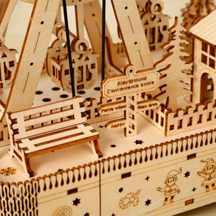 Maqueta de Madera 3D, diseño de Noria con música y movimiento mecánico. 183 piezas.