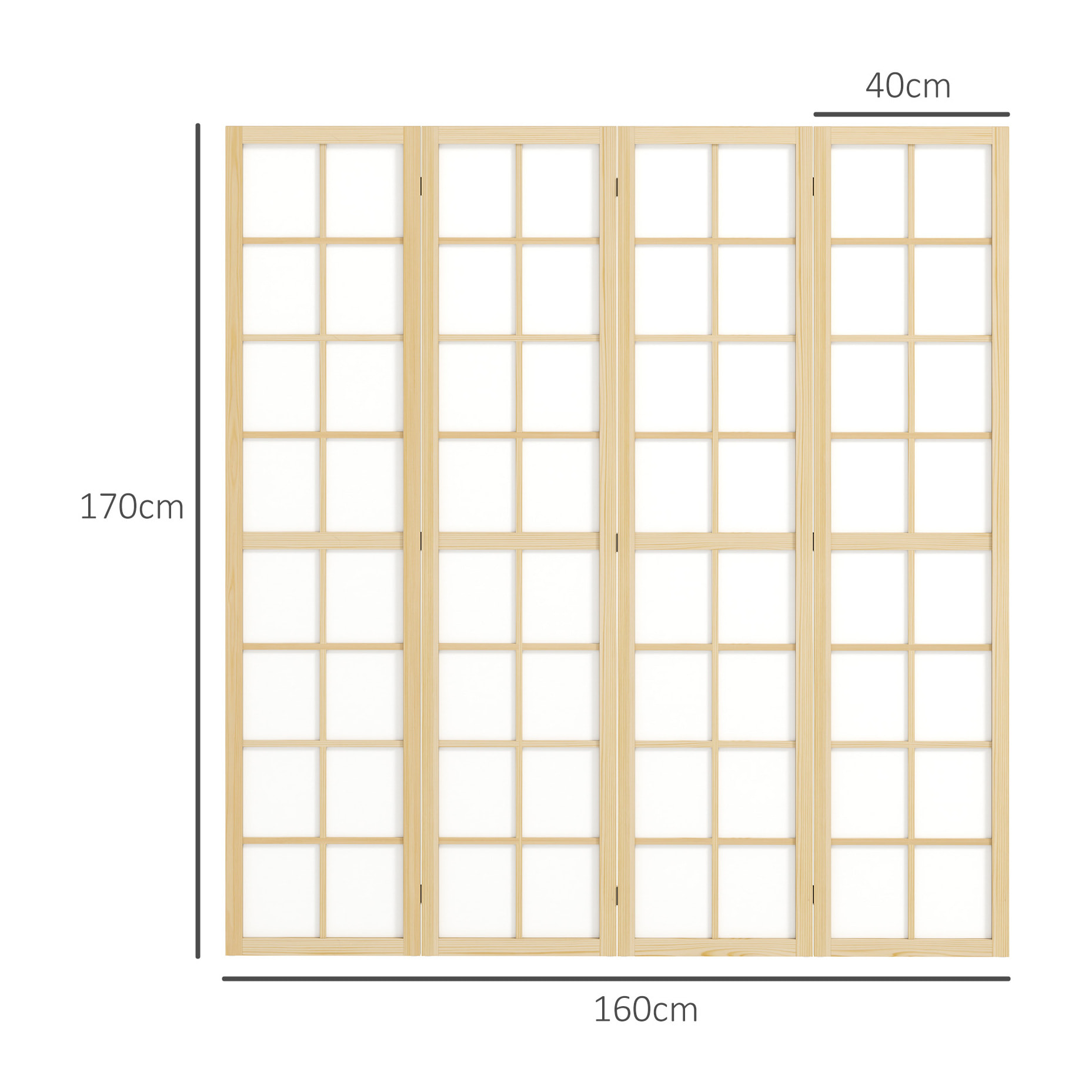 Biombo de 4 Paneles Plegable, Separador de Ambientes con Marco de Madera, 160x170 cm, Pantalla de Privacidad para Dormitorio, Oficina, Salón, Natural