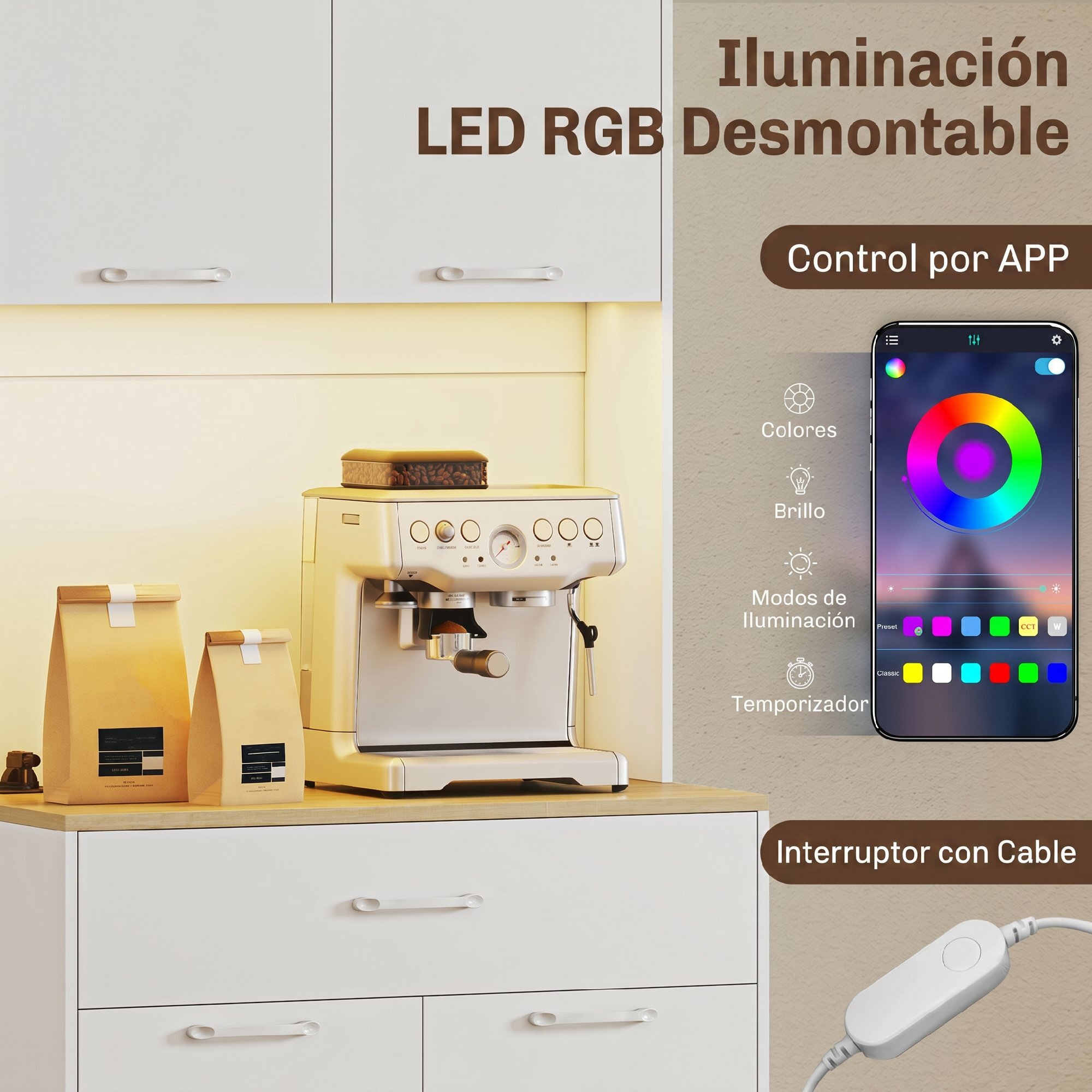 Alacena de Cocina con Luces LED y Estación de Carga, Control por APP, Mueble Auxiliar de Cocina con 4 Puertas, Cajón, Encimera Abierta para Microondas, Estantes Ajustables, 71x40x180 cm, Blanco