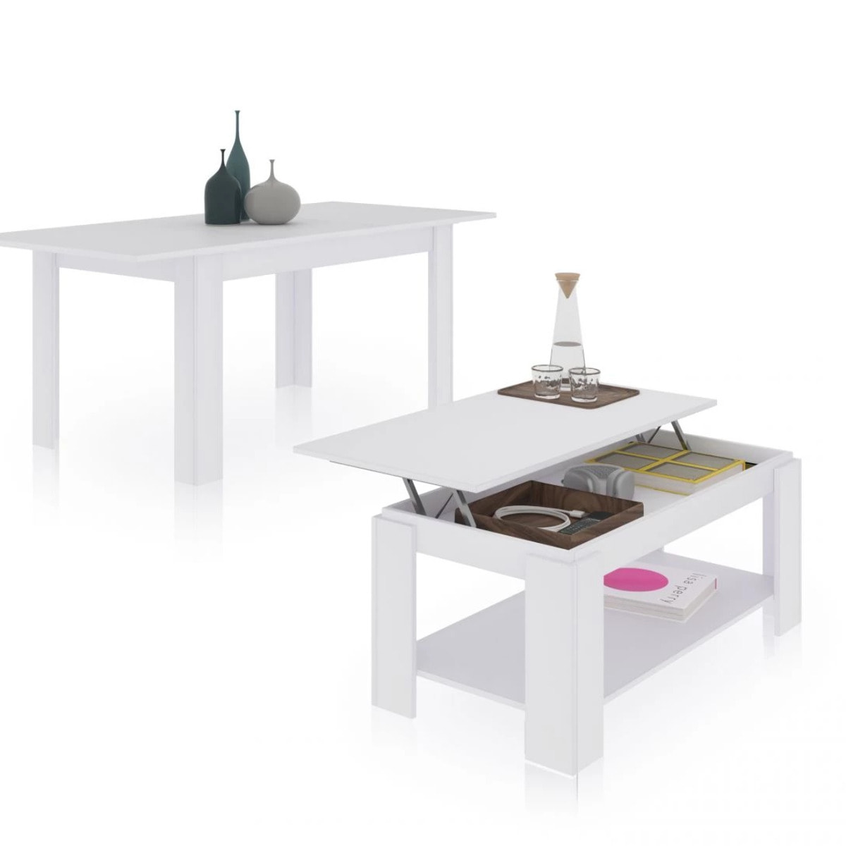 Pack mesa de comedor 140 y mesa de centro Lya Blanco Artik (Blanco Mate)