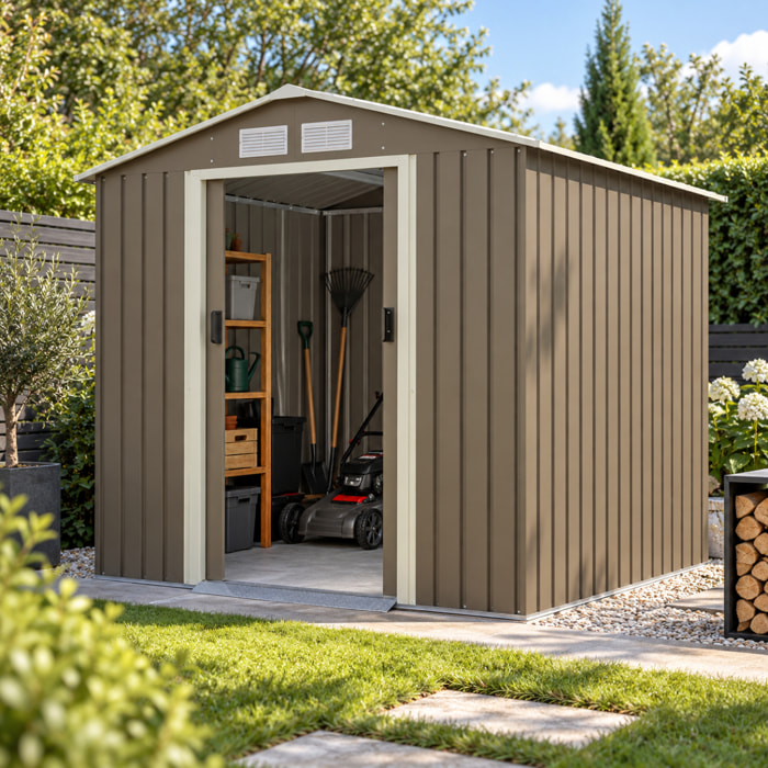 Abri de jardin métal gris/vert 3,26 m² + kit d'ancrage