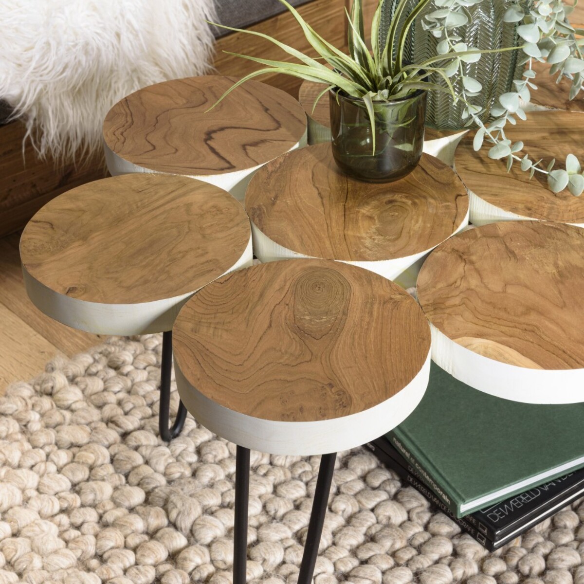 SAM - Table basse plateau rondelles bois teck pieds épingles