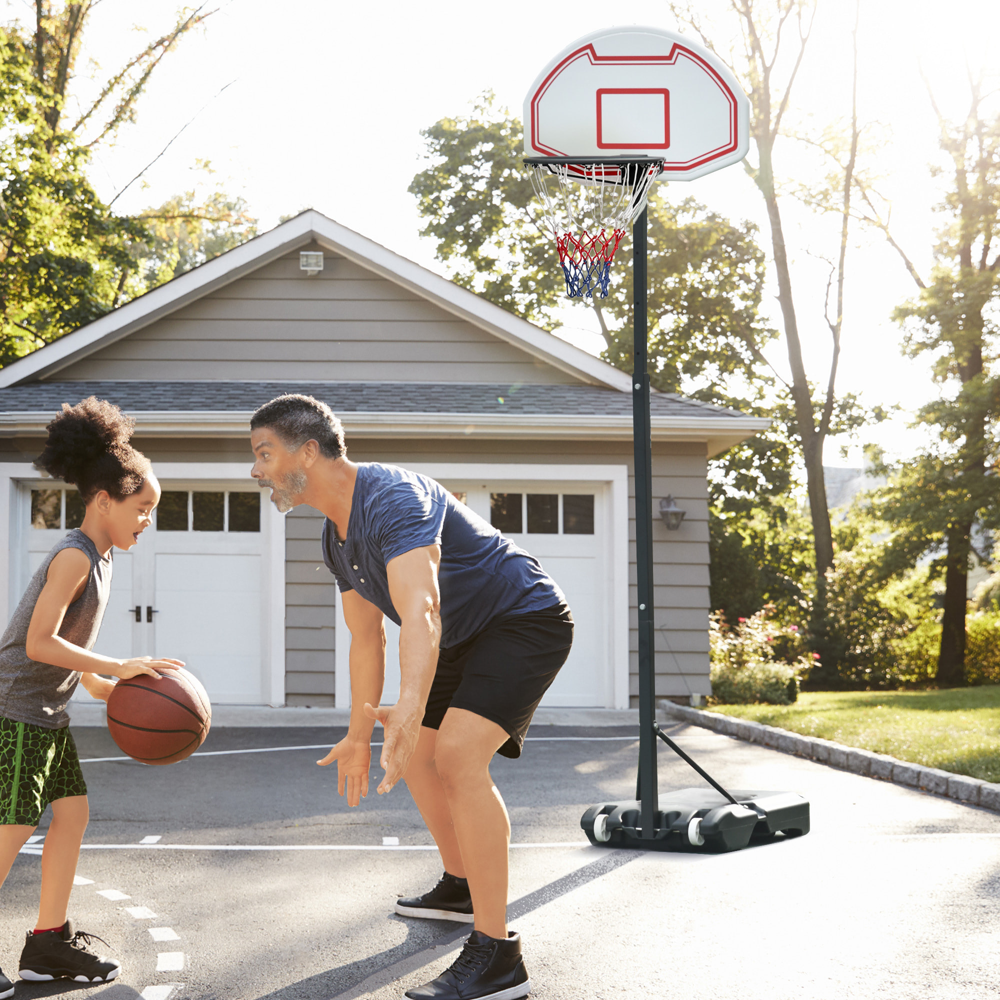 Panier de Basket-Ball sur pied avec poteau panneau, base de lestage sur roulettes hauteur réglable 1,9 - 2,5 m noir blanc