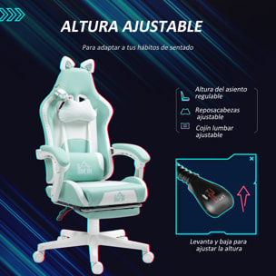 Silla Gaming con Orejas Silla Gamer Reclinable con Altura Ajustable Reposapiés Retráctil Soporte Lumbar y Reposacabezas Desmontable Silla para Oficina Estudio Azul Claro