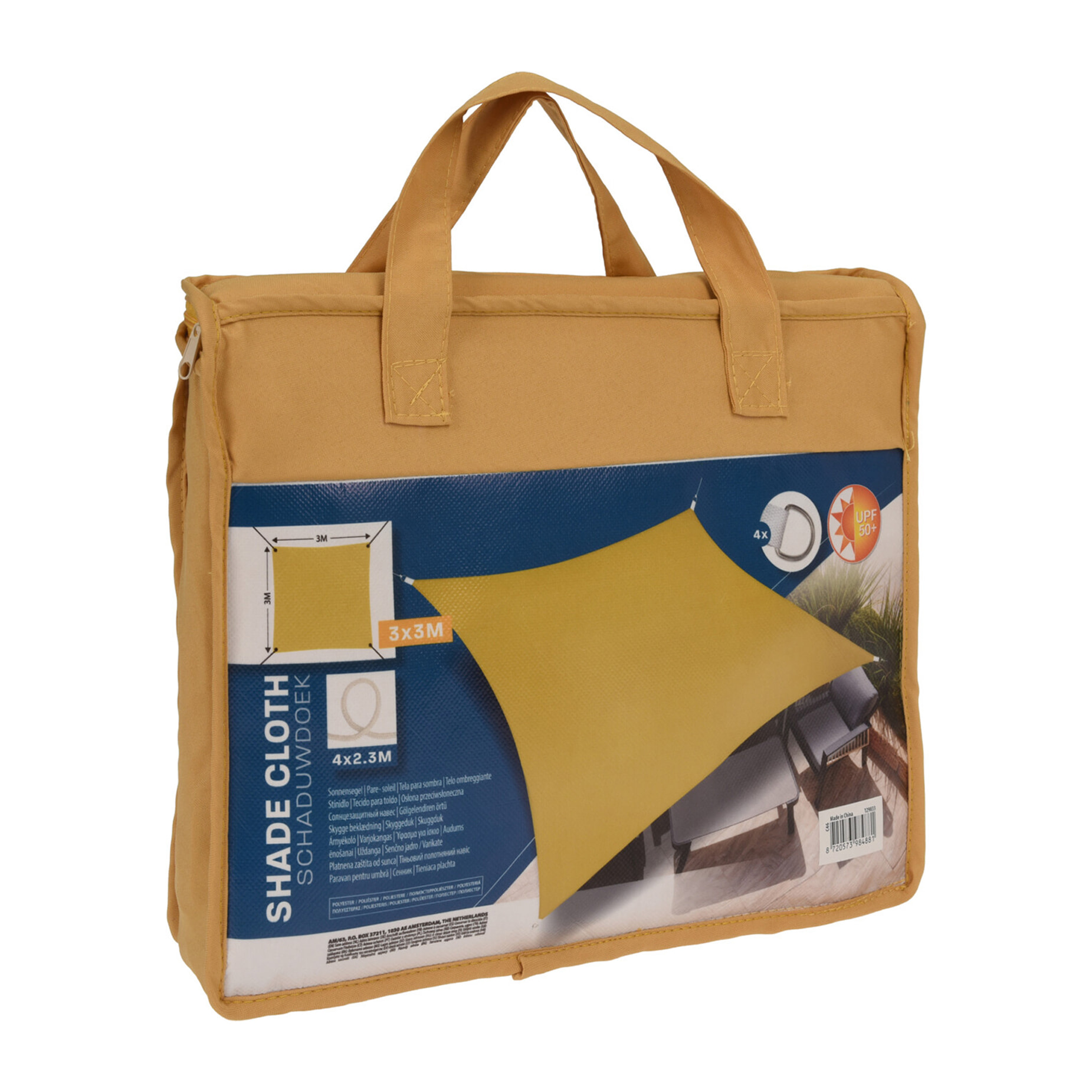 Sombrilla de tela para exterior 3x3m en amarillo ocre Pantone 16-0945TPG, ganchos de metal y bolsa de transporte incluida