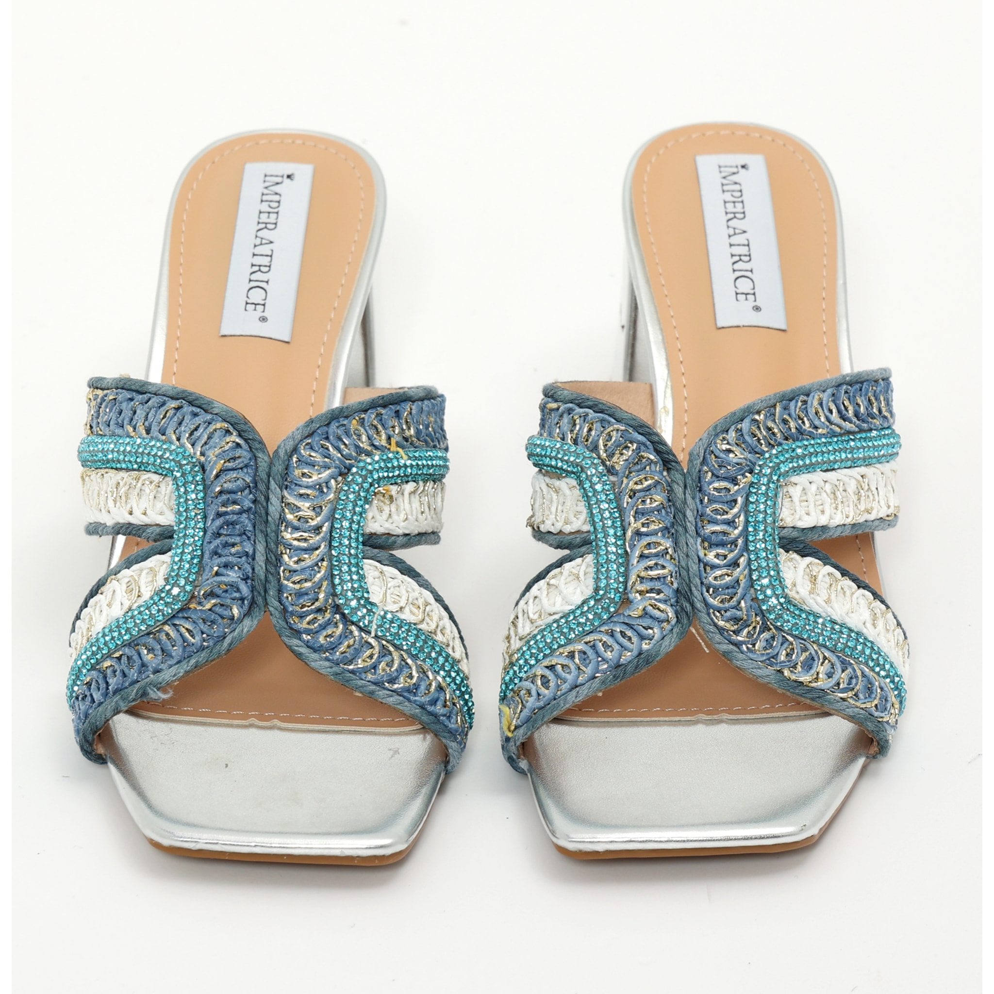 Sandali in simil pelle con tacco comodo quadrato ed applicazione strass