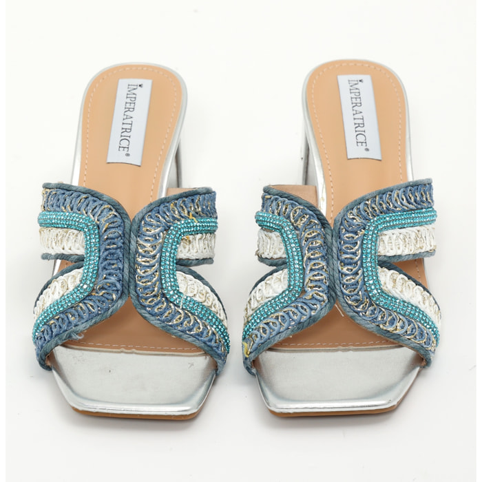 Sandali in simil pelle con tacco comodo quadrato ed applicazione strass