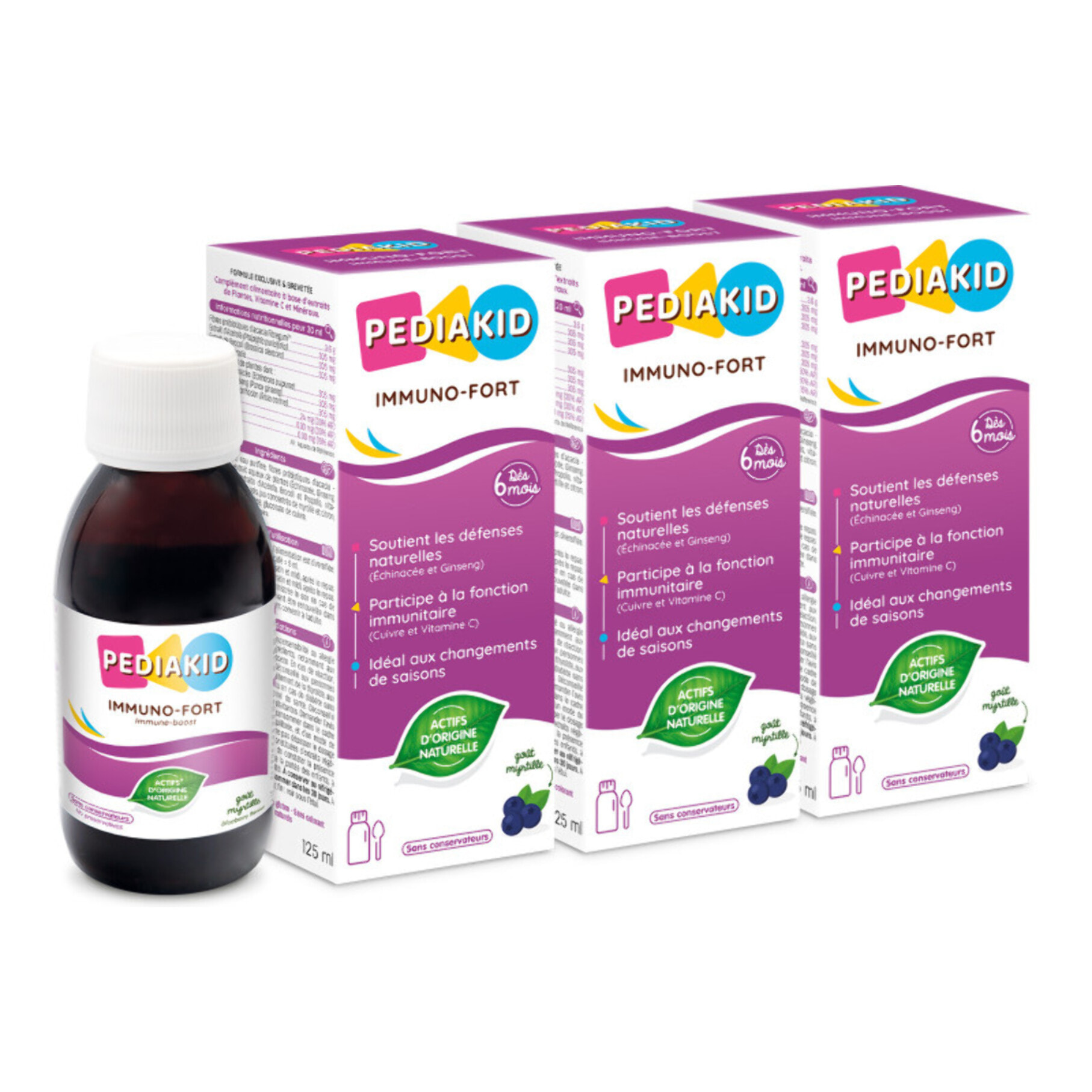 PEDIAKID - Sirop Immuno-Fort - Complément Alimentaire Naturel - Formule Exclusive au Sirop d'Agave - Aide à Soutenir les Défenses Naturelles de l'Organisme - Goût Myrtille - Lot de 3 flacons