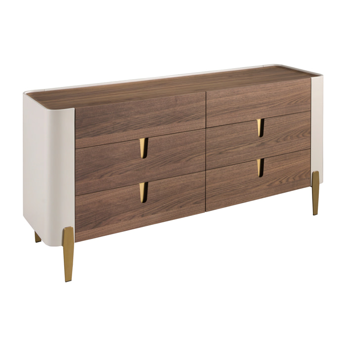 Cómoda con estructura de madera chapada en nogal natural y madera MDF lacada en beige y patas de acero inoxidable pulido en dorado 160x47x76cm