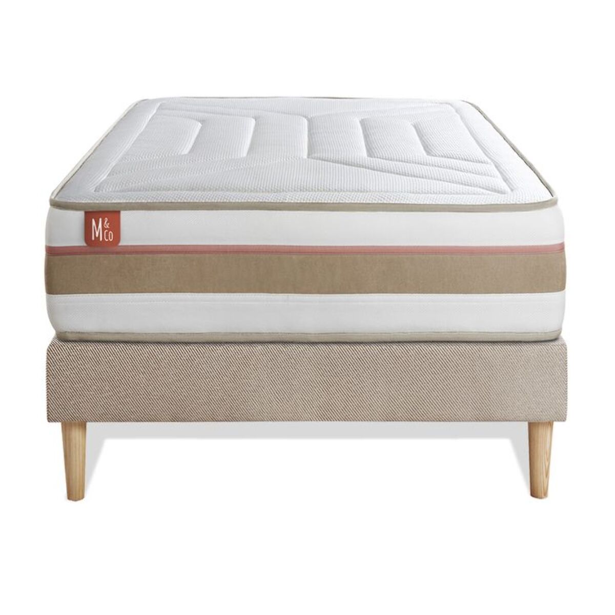 Ensemble Matelas Le Tendre - 28cm - Ressorts ensachés et mémoire de forme - Enveloppant - Sommier Tapissier Beige