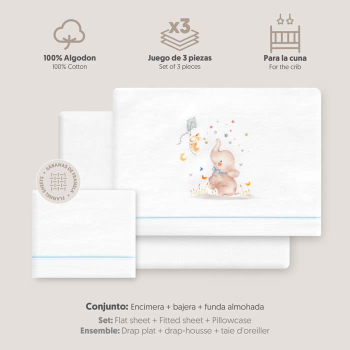 Juego de Sábanas de Cuna Franela  Mod Elefante