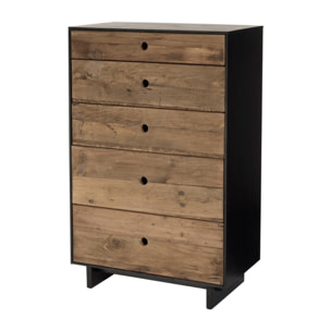 DANDY - Meuble chiffonnier 5 tiroirs bois Pin recyclé naturel et noir