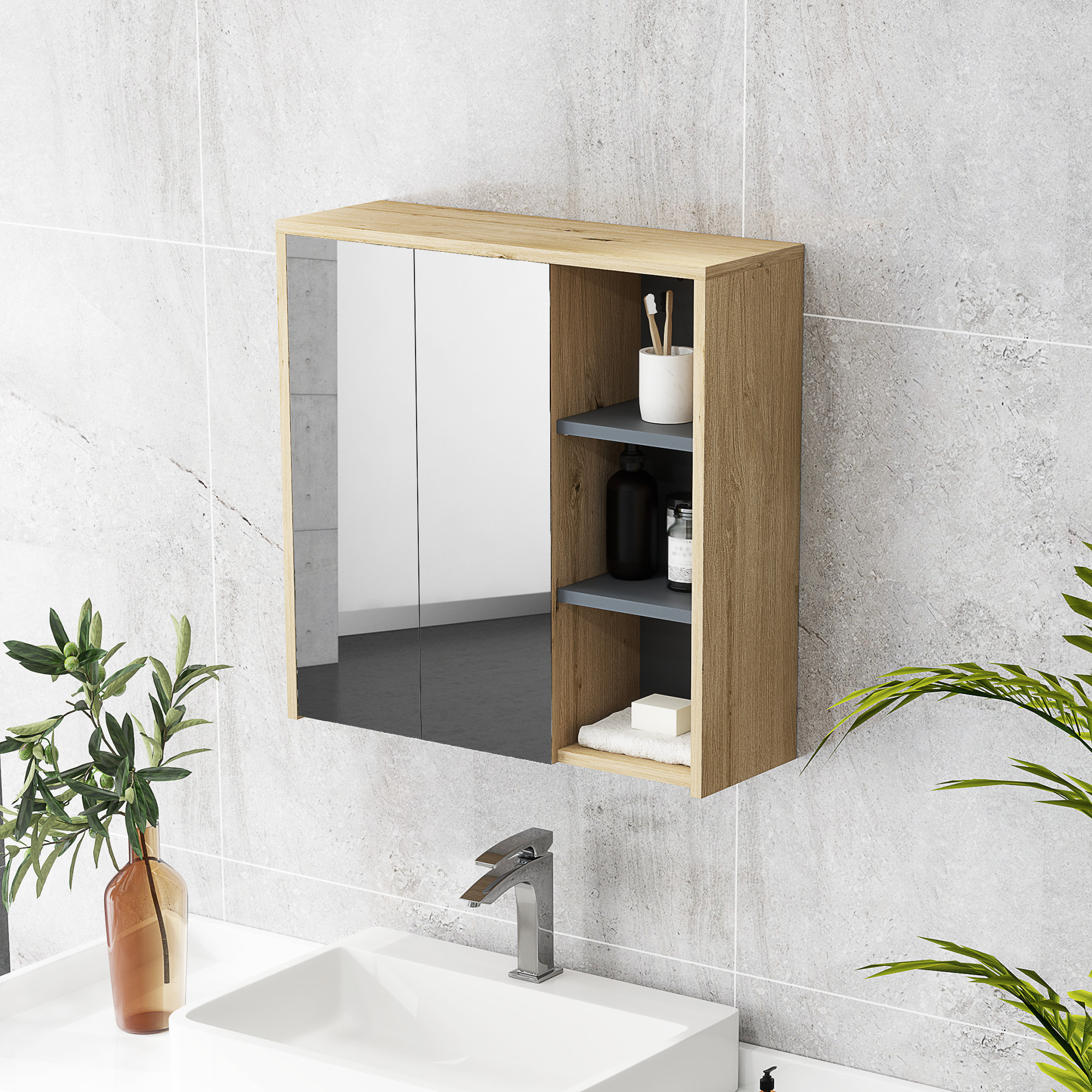 Armario de Baño con Espejo Armario con Espejo para Baño con Estantes Estilo Moderno 60x20x60 cm Madera Natural
