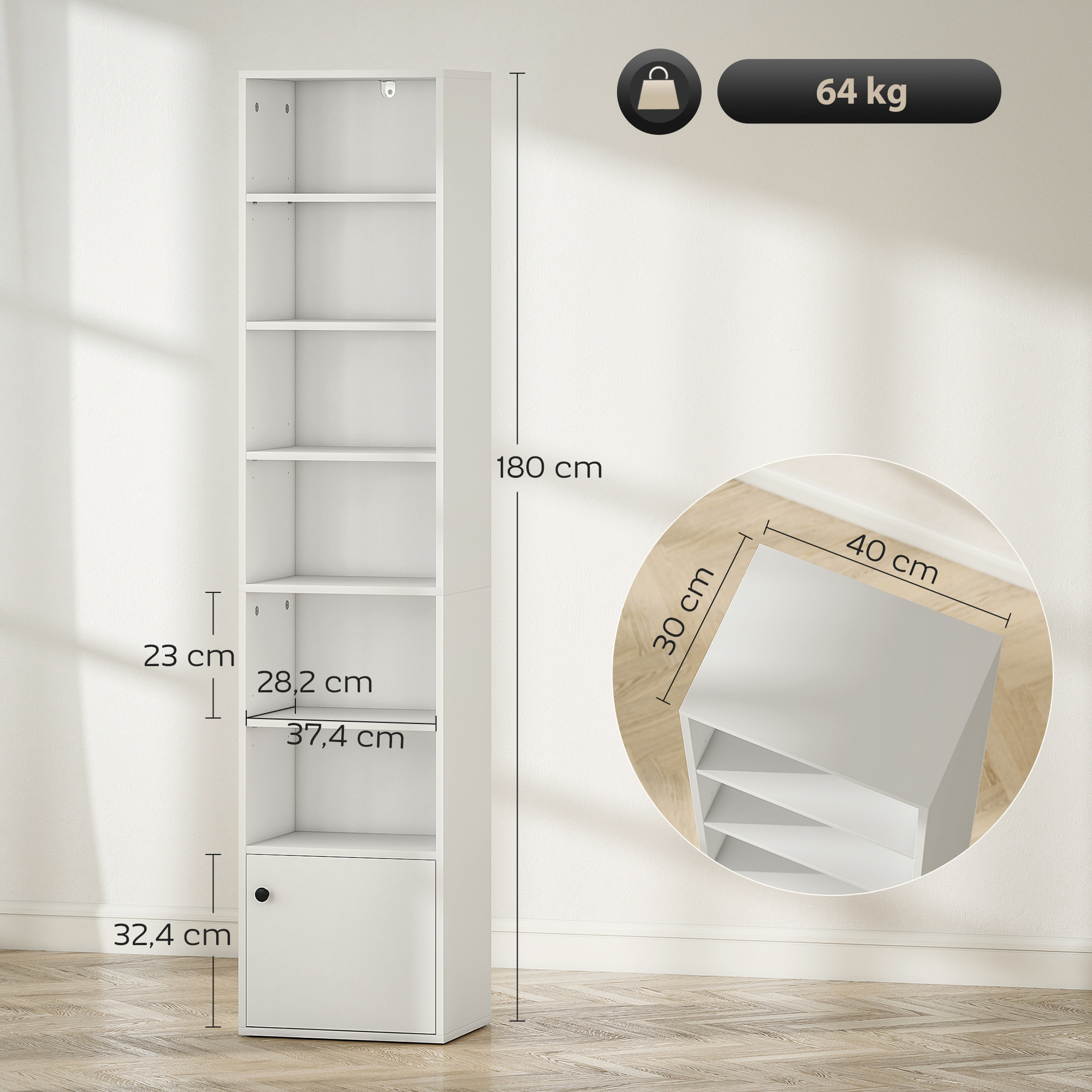 Librería de 7 Niveles, Estantería para Libros con Estantes Ajustables y Puerta, Estantería Moderna, 40x30x180 cm, para Salón, Dormitorio, Estudio, Oficina, Blanco
