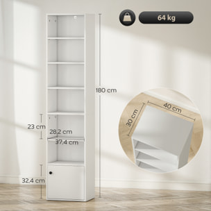 Librería de 7 Niveles, Estantería para Libros con Estantes Ajustables y Puerta, Estantería Moderna, 40x30x180 cm, para Salón, Dormitorio, Estudio, Oficina, Blanco