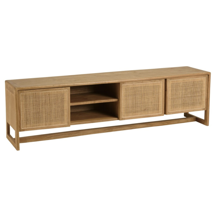 AMY - Meuble TV 3 portes 2 niches L180cm en bois de mindi et rotin naturel