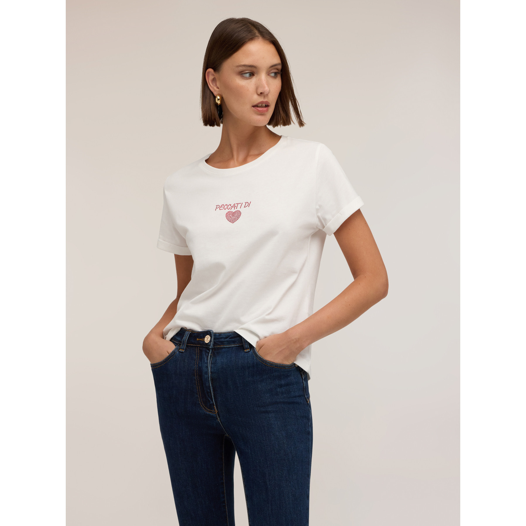 Motivi - T-shirt con scritta e cuore in strass - Bianco